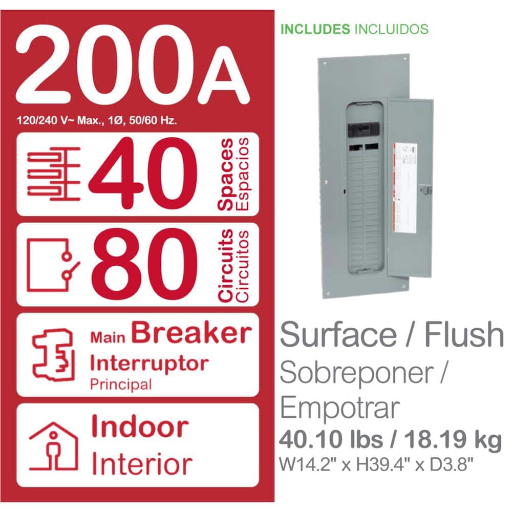Square D Homeline Qwik-Grip 200-Amp 40-Space 80-Circuit Indoor Main Breaker Plug-On Neutral Load Center - HOM4080M200PQCVP