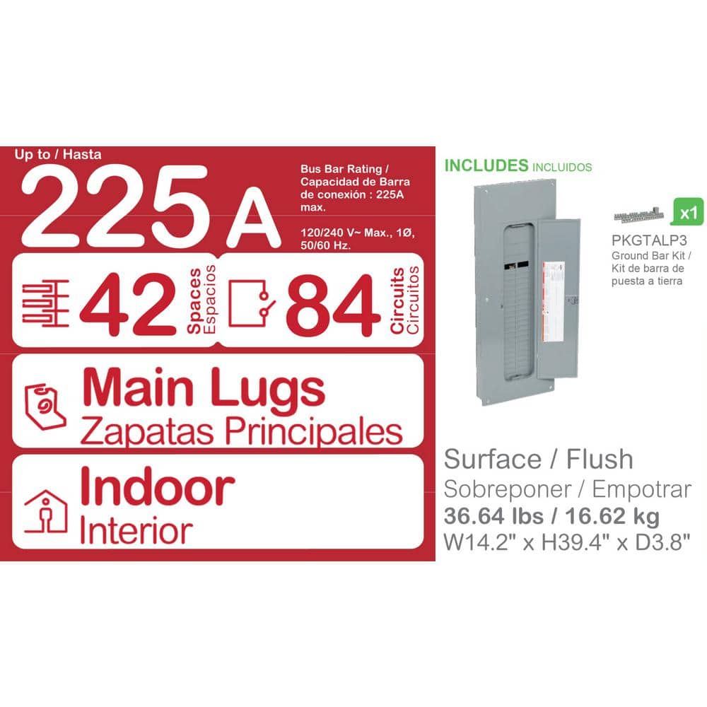 Square D Homeline 225 Amp 42-Space 84-Circuit Indoor Convertible Main Lugs Load Center with Cover