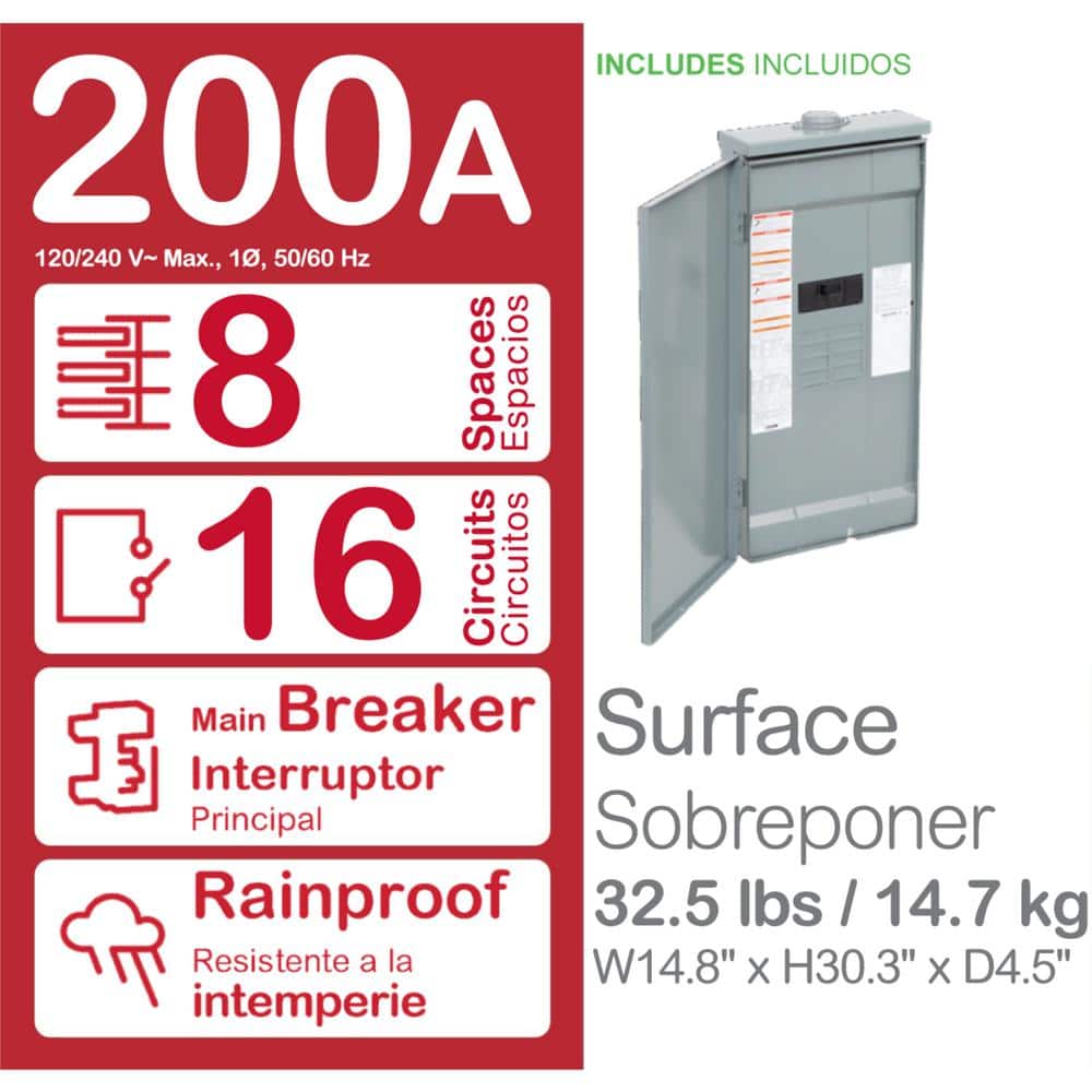 Square D Homeline 200-Amp 8-Space 16-Circuit Outdoor Main Breaker Plug-On Neutral Load Center - HOM816M200PFTRB