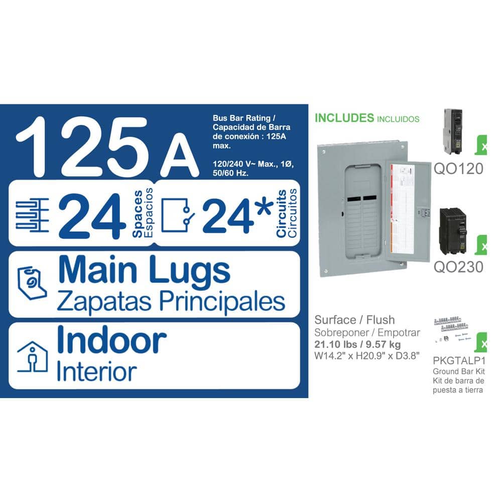 Square D QO 125-Amp 24-Space 34-Circuit Indoor Convertible Plug-On Neutral Load Center - QO24L125PGCVP