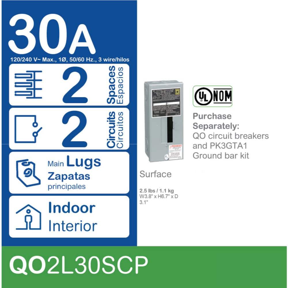 Square D Square D QO Only 30-Amp 2-Space 2-Circuit Indoor Main Lug Load Center - QO2L30SCP