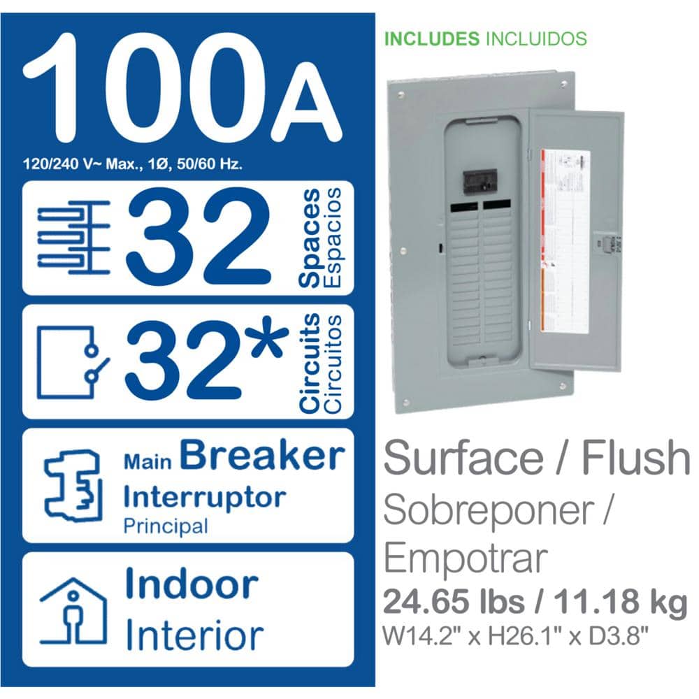 Square D QO 100 Amp 32-Space 32-Circuit Indoor Main Breaker Plug-On Neutral Load Center with Cover Value Pack