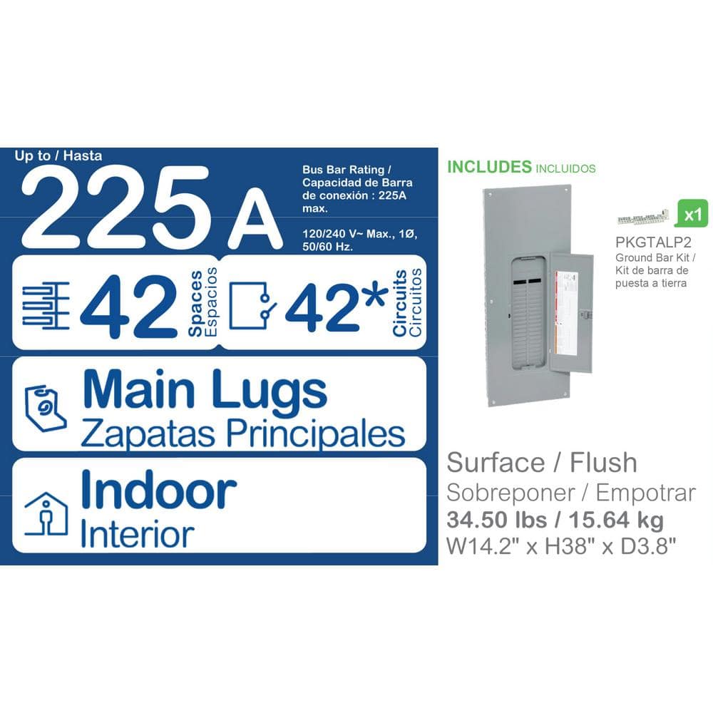 Square D QO 225 Amp 42-Space 42-Circuit Indoor Main Lug Plug-On Neutral Load Center with Cover, Ground Bar