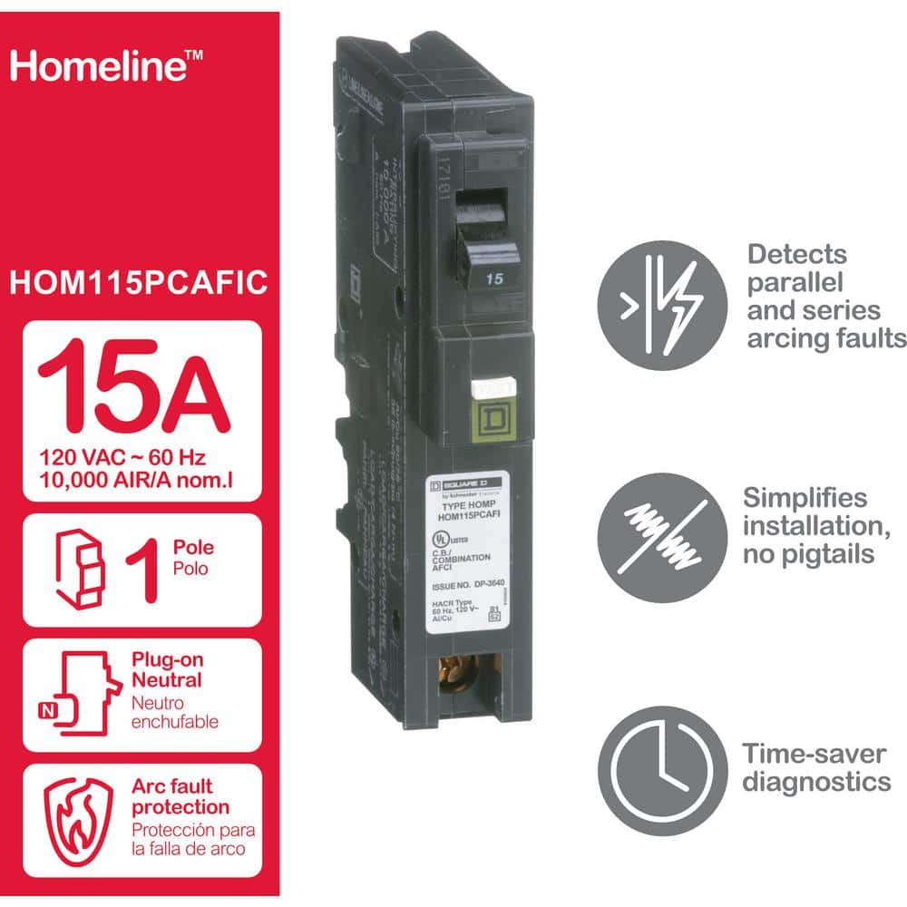 Square D Homeline 15 Amp Single-Pole Plug-On Neutral Combination Arc Fault Circuit Breaker(HOM115PCAFIC)