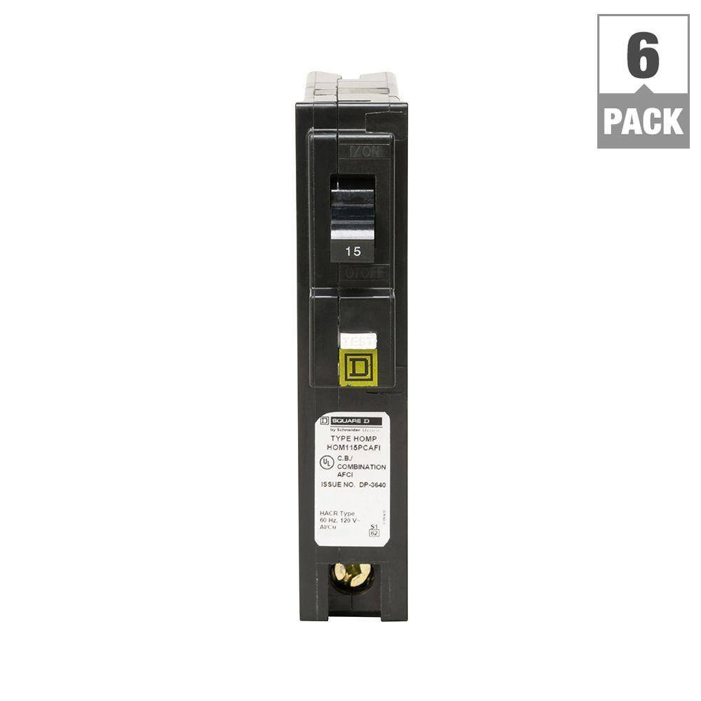 Square D Homeline 15 Amp Single-Pole Plug-On Neutral Combination Arc Fault Circuit Breaker (6-Pack)