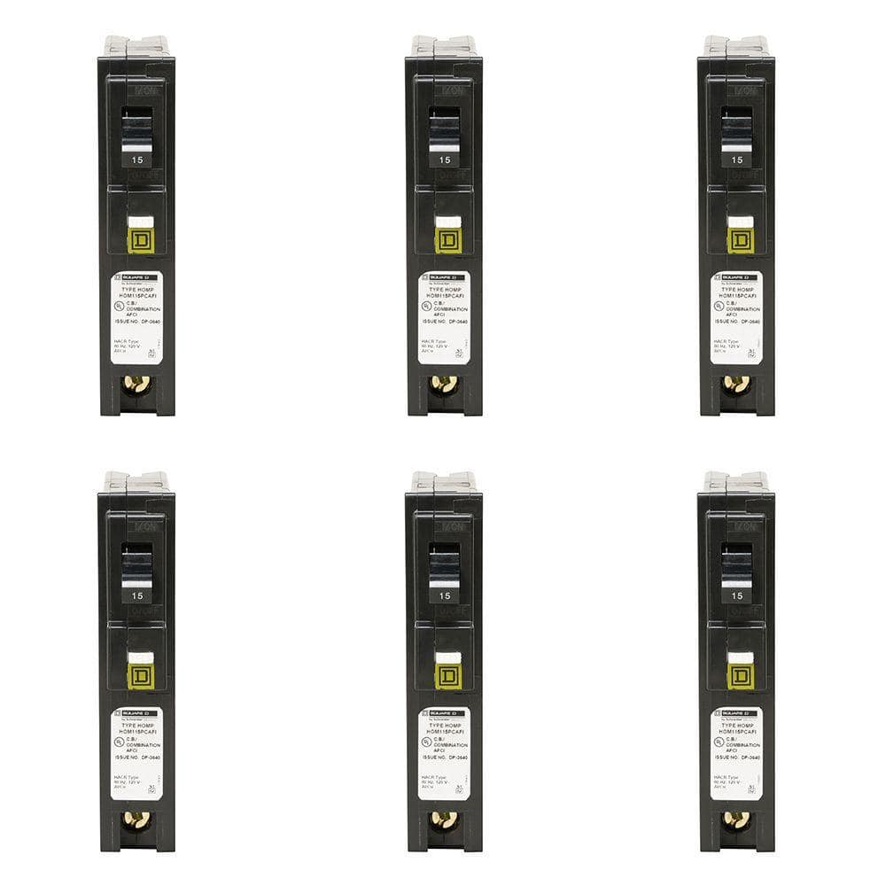 Square D Homeline 15 Amp Single-Pole Plug-On Neutral Combination Arc Fault Circuit Breaker (6-Pack)