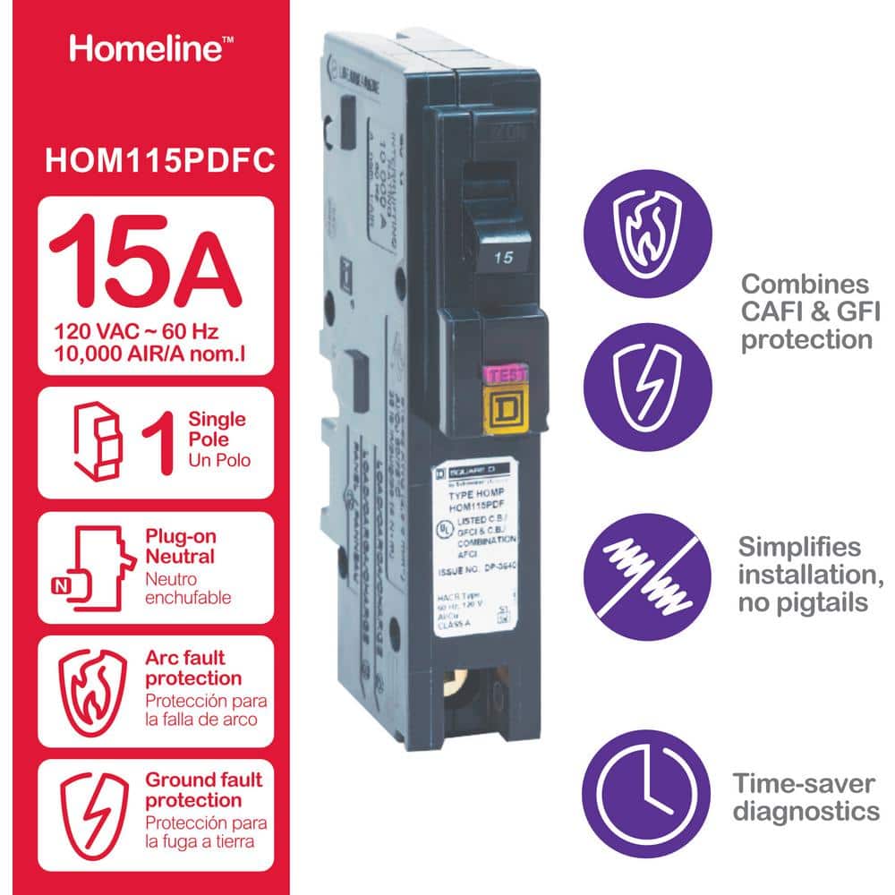 Square D Homeline 15 Amp Single-Pole Plug-On Neutral Dual Function (CAFCI and GFCI) Circuit Breaker
