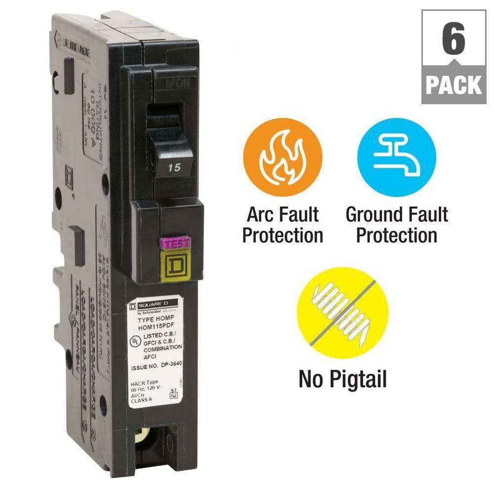 Square D Homeline 15 Amp Single-Pole Plug-On Neutral Dual Function (CAFCI and GFCI) Circuit Breaker (6-Pack)