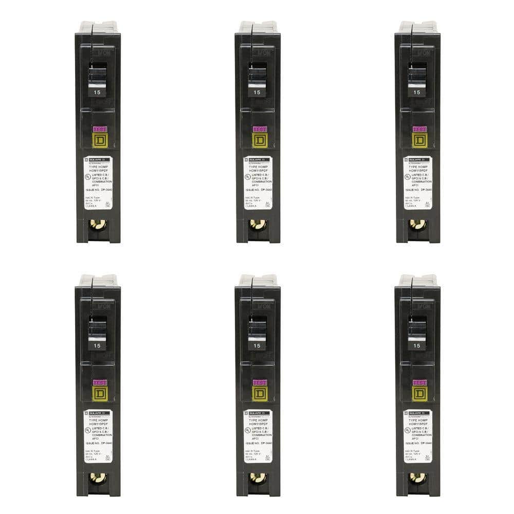 Square D Homeline 15 Amp Single-Pole Plug-On Neutral Dual Function (CAFCI and GFCI) Circuit Breaker (6-Pack)