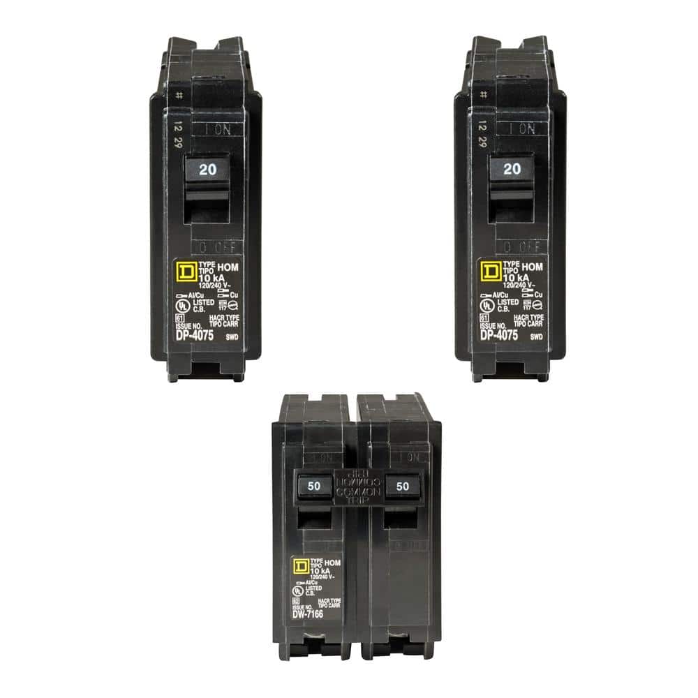 Square D Homeline 2-20 Amp Single-Pole and 1-50 Amp 2-Pole Circuit Breakers (3-pack)