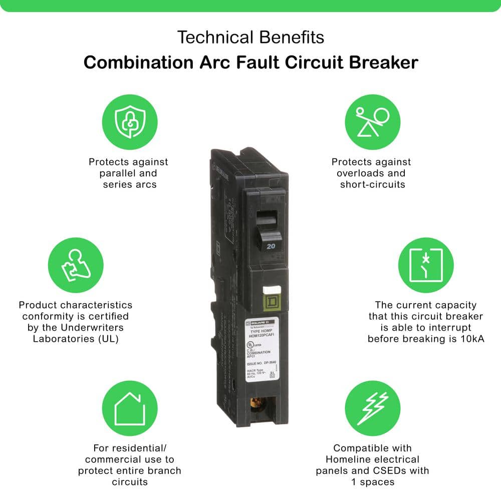 Square D Homeline 20 Amp Single-Pole Plug-On Neutral Combination Arc Fault Circuit Breaker(HOM120PCAFIC)