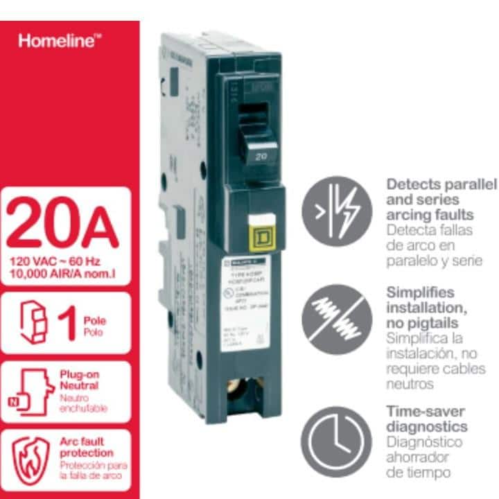Square D Homeline 20 Amp Single-Pole Plug-On Neutral Combination Arc Fault Circuit Breaker(HOM120PCAFIC)