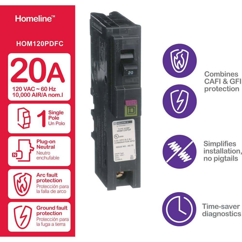 Square D Homeline 20 Amp Single-Pole Plug-On Neutral Dual Function (CAFCI and GFCI) Circuit Breaker
