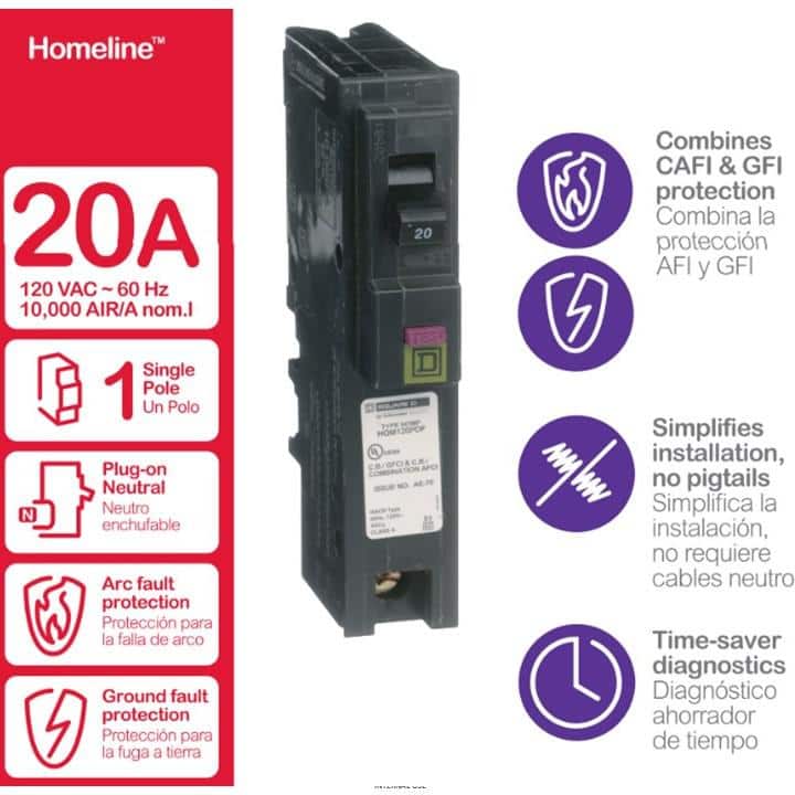 Square D Homeline 20 Amp Single-Pole Plug-On Neutral Dual Function (CAFCI and GFCI) Circuit Breaker