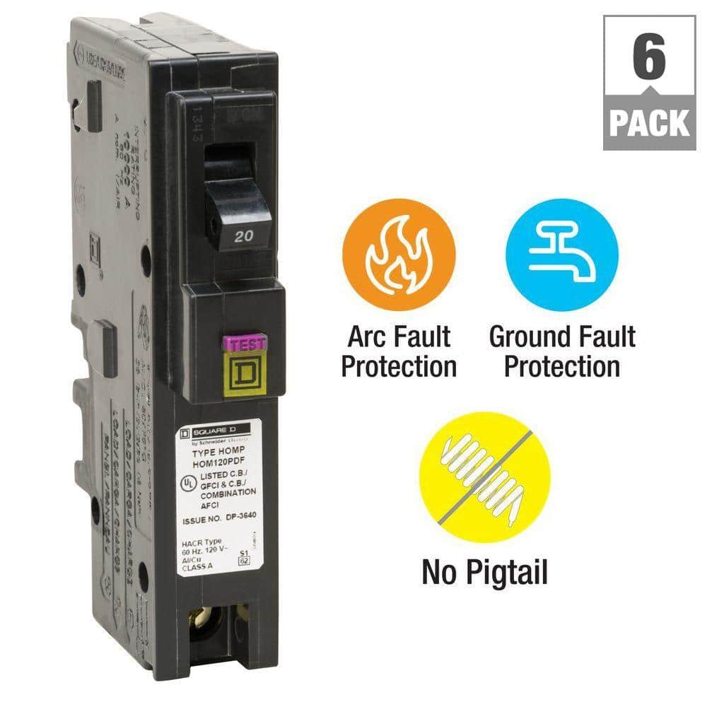 Square D Homeline 20 Amp Single-Pole Plug-On Neutral Dual Function (CAFCI and GFCI) Circuit Breaker (6-Pack)