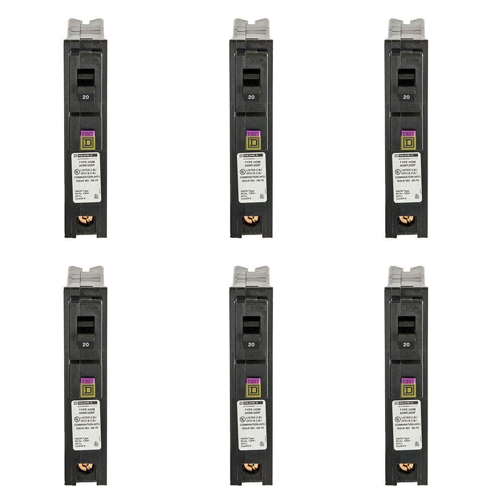 Square D Homeline 20 Amp Single-Pole Plug-On Neutral Dual Function (CAFCI and GFCI) Circuit Breaker (6-Pack)