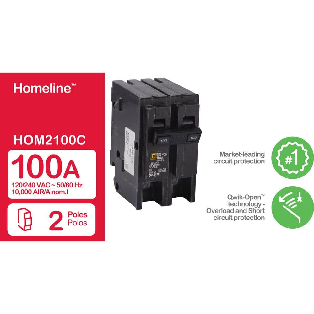 Square D Homeline 100 Amp 2-Pole Circuit Breaker, Clear Packaging (HOM2100C)