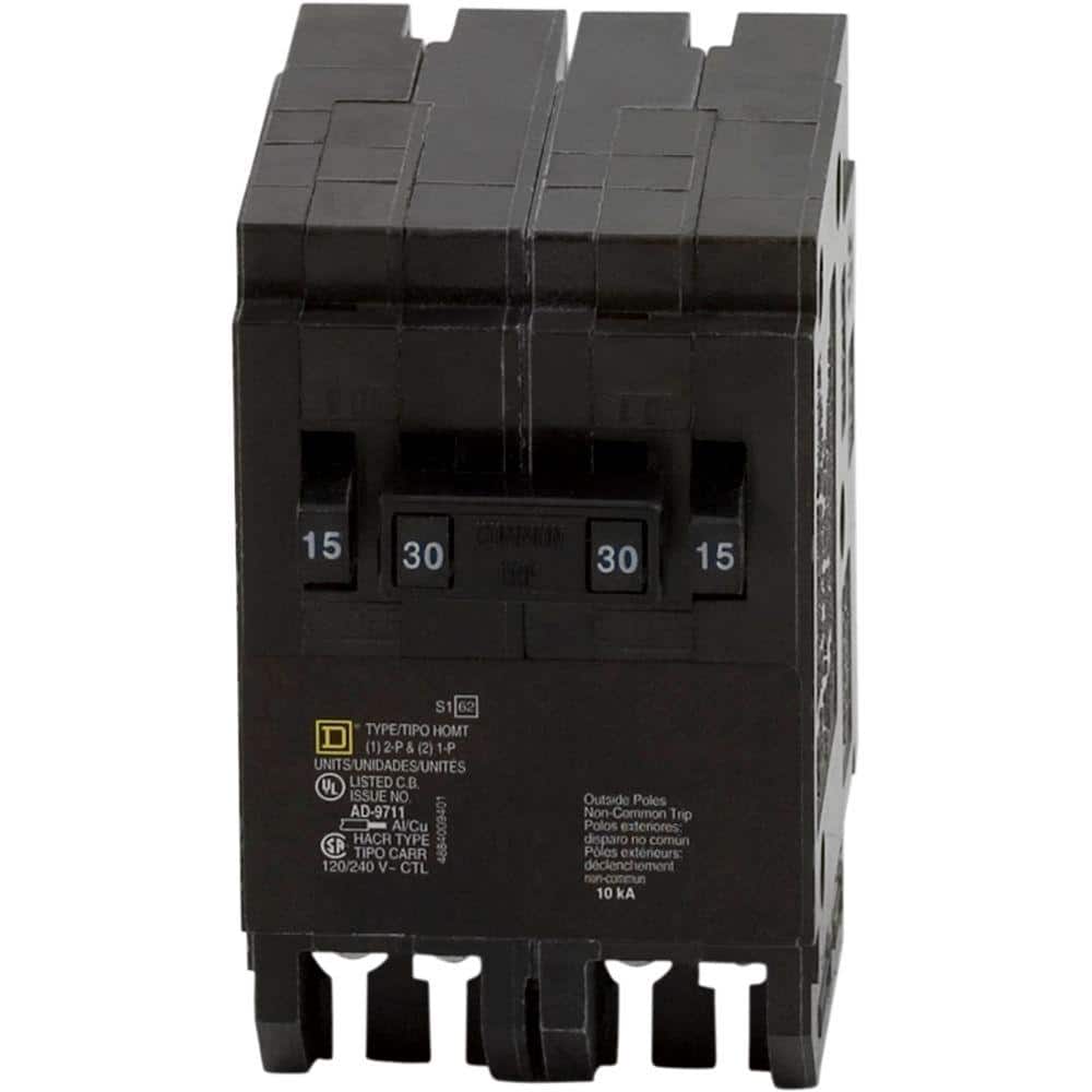 Square D Homeline 2-15 Amp Single-Pole 1-30 Amp 2-Pole Quad Tandem Circuit Breaker