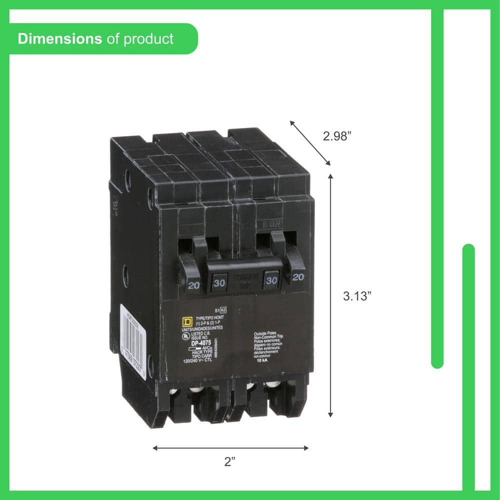 Square D Homeline 2-20 Amp Single-Pole 1-30 Amp 2-Pole Quad Tandem Circuit Breaker