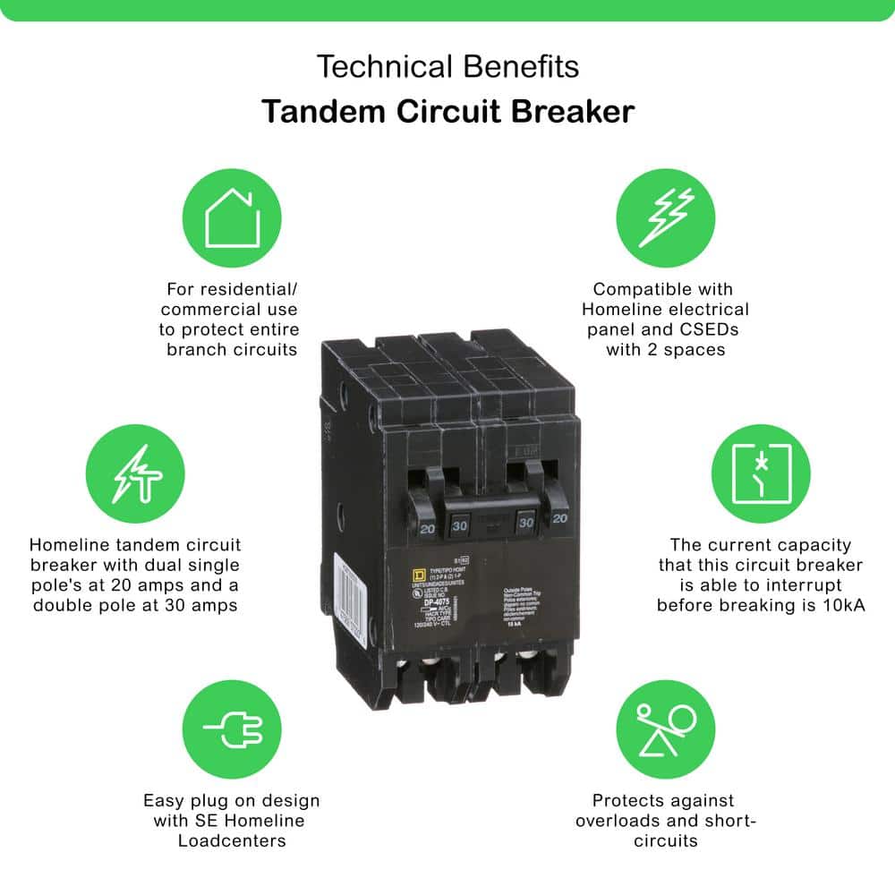 Square D Homeline 2-20 Amp Single-Pole 1-30 Amp 2-Pole Quad Tandem Circuit Breaker
