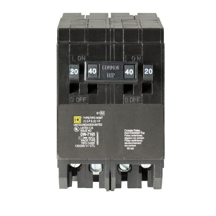 Square D Homeline (2) 20 Amp Single-Pole (1) 40 Amp 2-Pole Quad Tandem Circuit Breaker