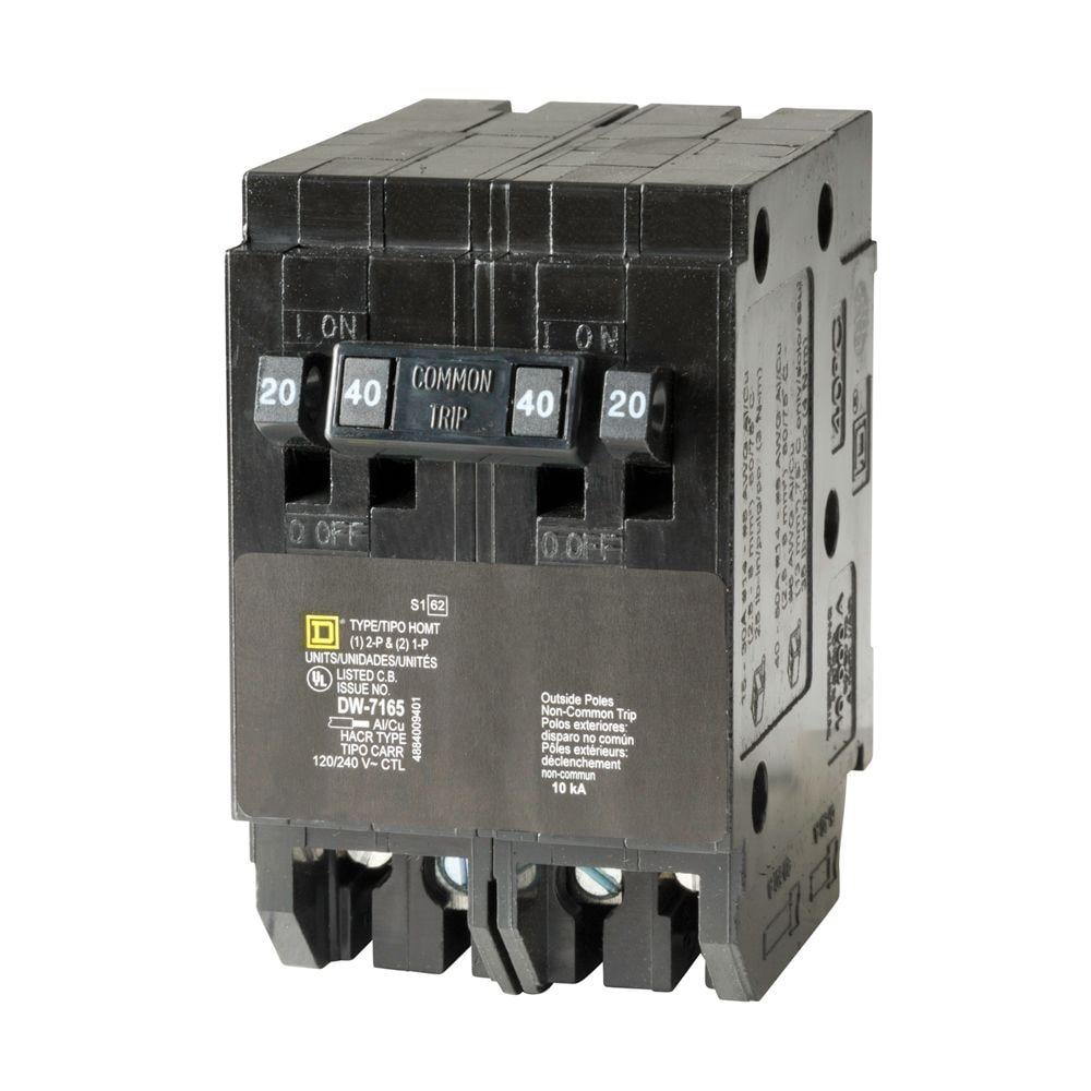 Square D Homeline (2) 20 Amp Single-Pole (1) 40 Amp 2-Pole Quad Tandem Circuit Breaker