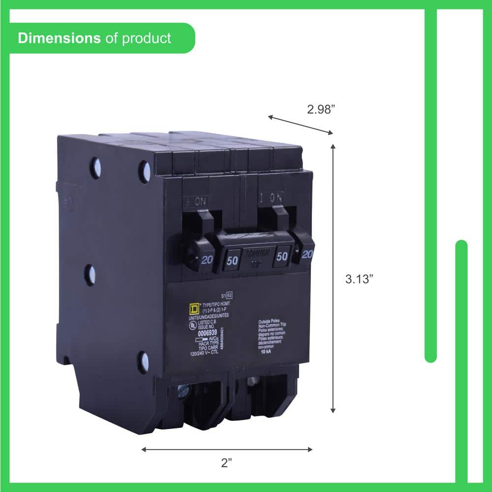 Square D Homeline 2-20 Amp Single-Pole 1-50 Amp 2-Pole Quad Tandem Circuit Breaker