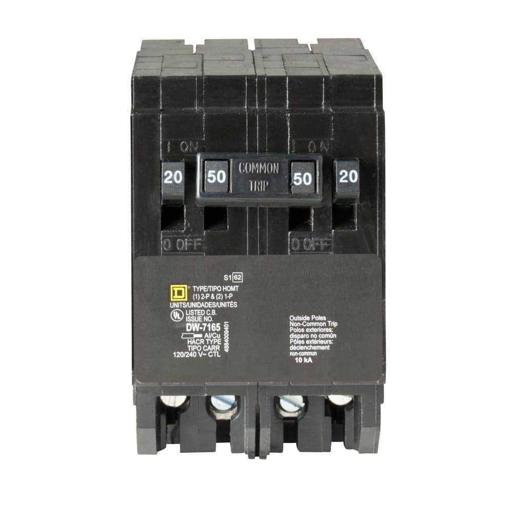 Square D Homeline 2-20 Amp Single-Pole 1-50 Amp 2-Pole Quad Tandem Circuit Breaker