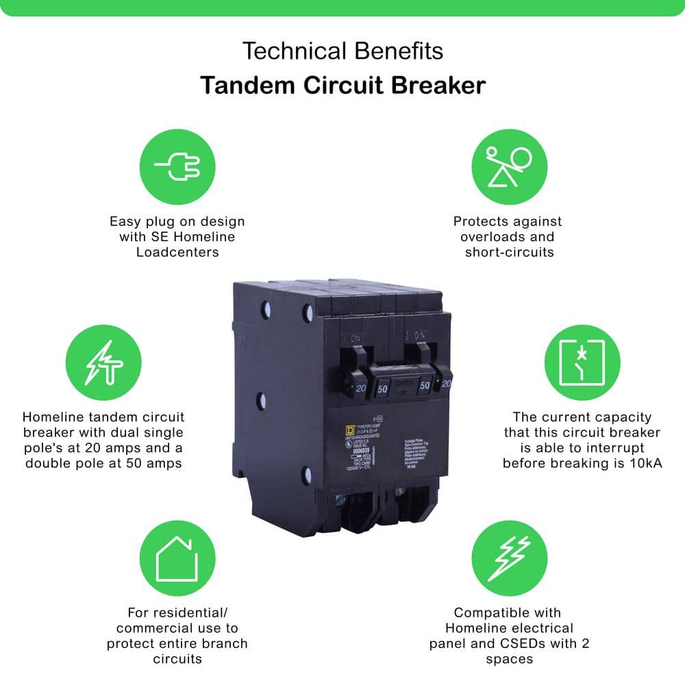 Square D Homeline 2-20 Amp Single-Pole 1-50 Amp 2-Pole Quad Tandem Circuit Breaker
