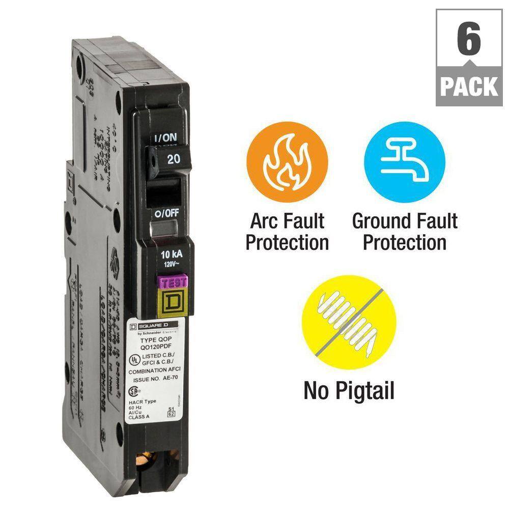 Square D QO 20 Amp Single-Pole Plug-On Neutral Dual Function (CAFCI and GFCI) Circuit Breaker (6-Pack)