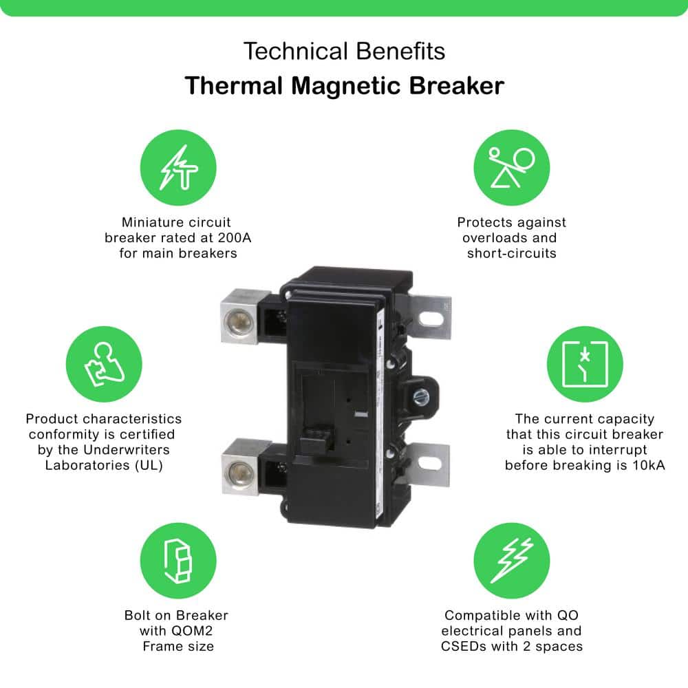 Square D QO 200 Amp 22k AIR QOM2 Frame Size Main Circuit Breaker for QO and Homeline Load Centers