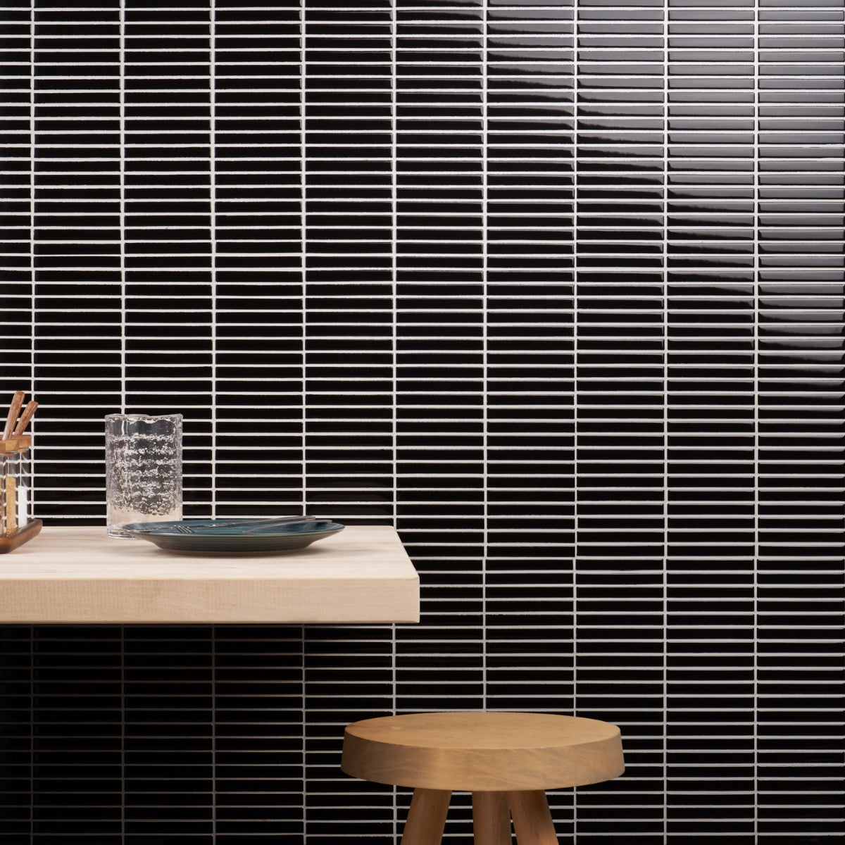 Kai Black Glossy Porcelain Mosaic Tile - 1x4" Tri-Stacked