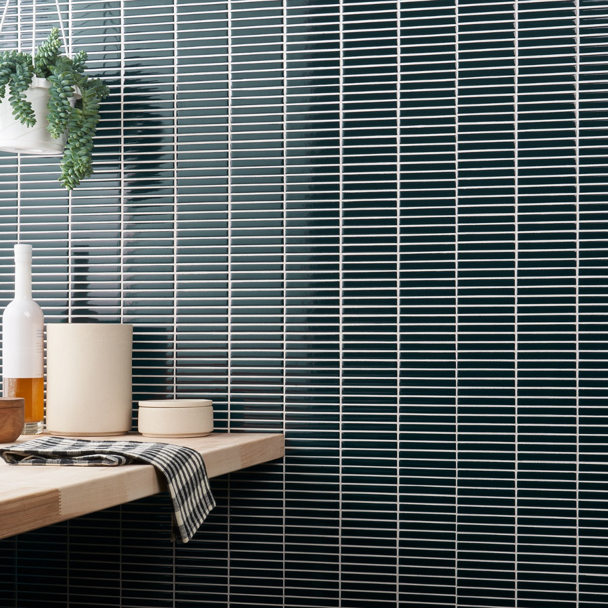 Kai Emerald Green 1x4" Tri-Stacked Glossy Porcelain Mosaic Tile