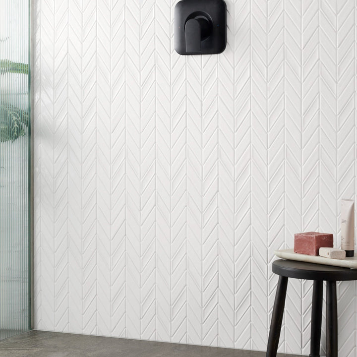 Brookline Chevron Cloud White 1x5 Glossy Ceramic Mosaic Tile