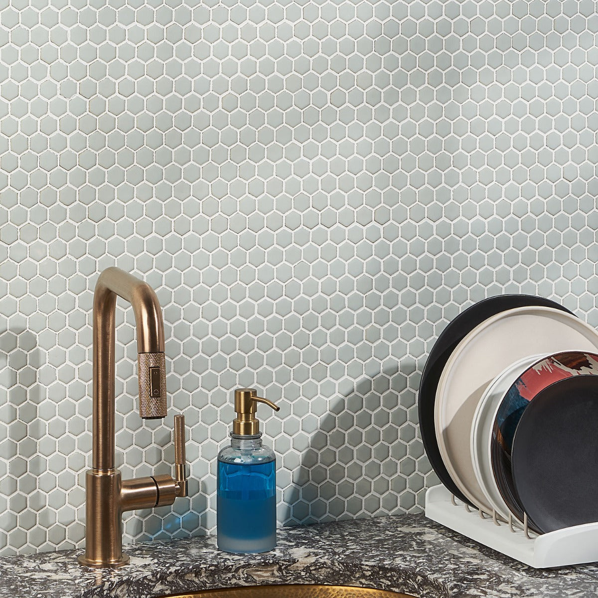 Eden Antiguan Sky Gray Rimmed Hexagon Polished Porcelain Mosaic Tile