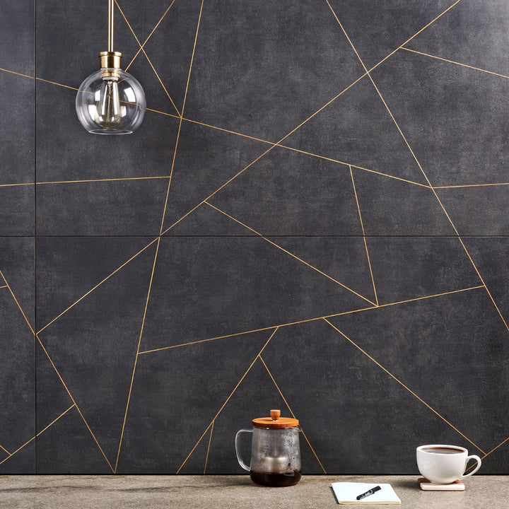 Whitney Ardesia Charcoal Black and Gold Line 24x48 Matte Porcelain Wall Tile