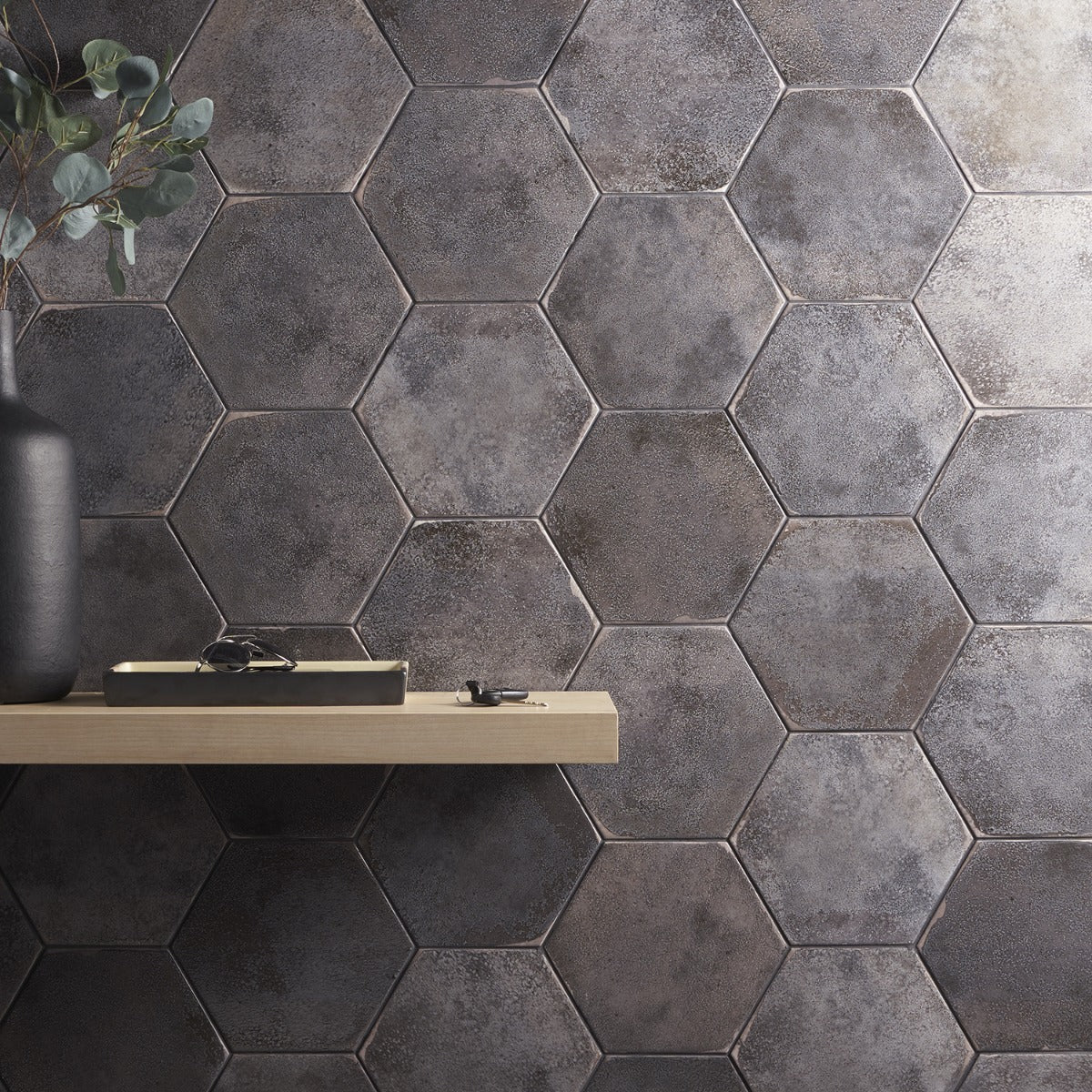 Kalay Antracite Gray 9" Hexagon Polished Porcelain Tile