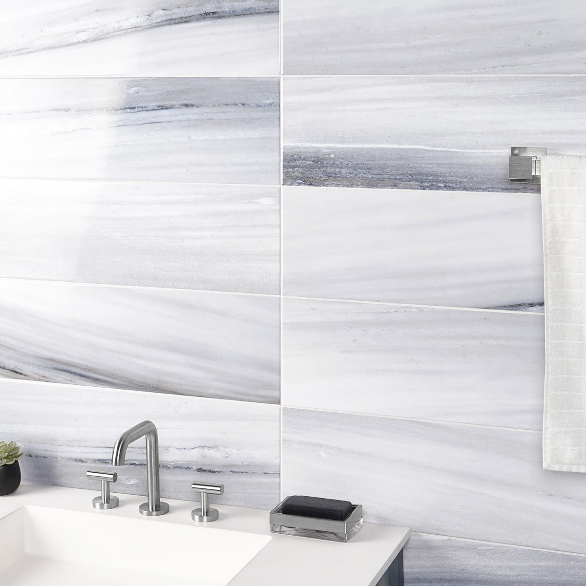 Everest Blue 8x24 Polished Ceramic Tile - Luxurious Marble Look