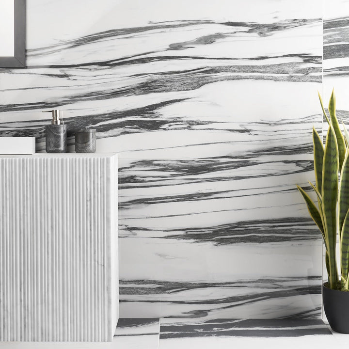 Drama Fall Black & White 24x48 Polished Porcelain Tile - Lux Tile