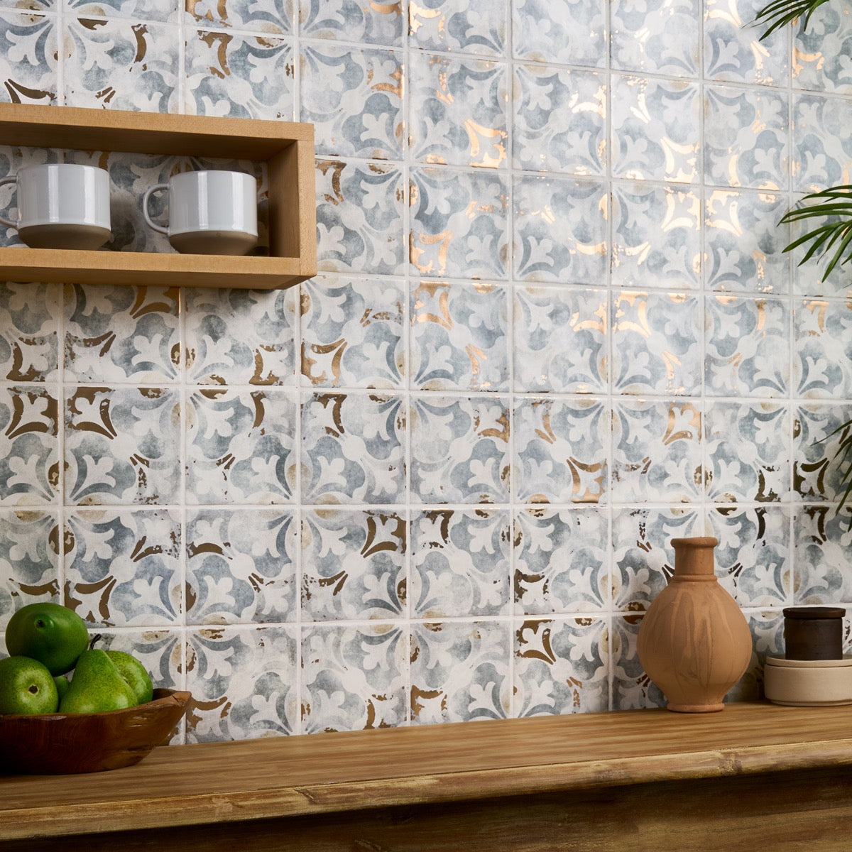 Talia Bossa Blue Gray Ceramic Tile with Gold Accents, 5x5 Matte Finish