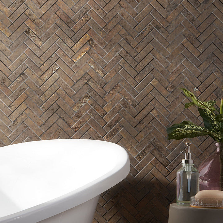 Lux Tile Portrait Copper Herringbone Matte Porcelain Mosaic Tile