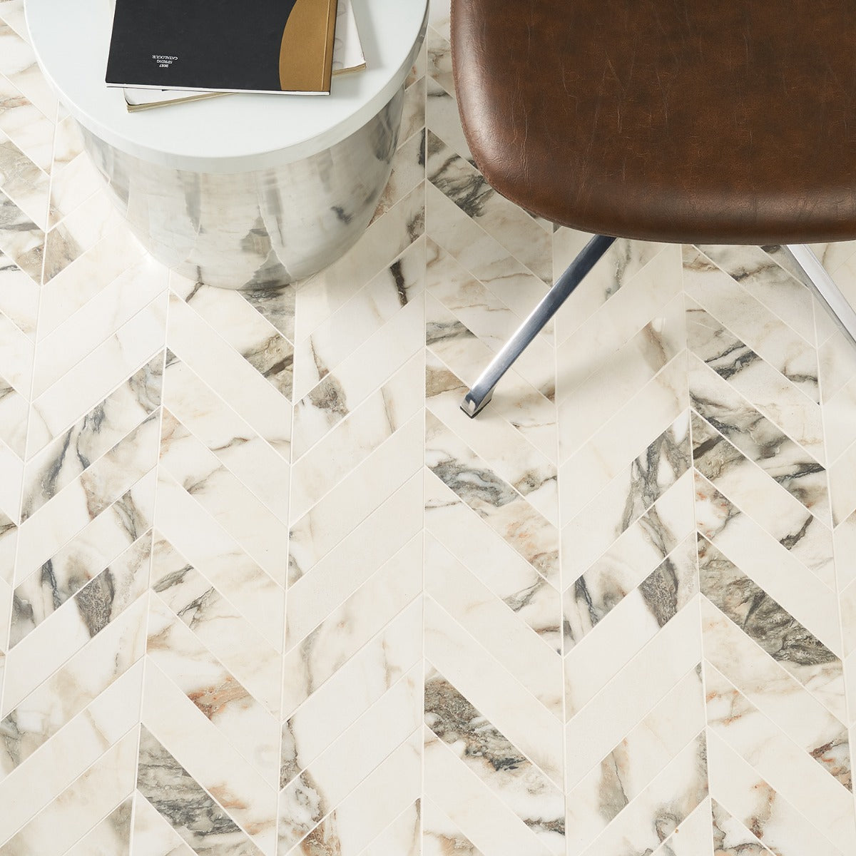 Dreamstone Calacatta Rustico Chevron Polished Porcelain Mosaic Tile