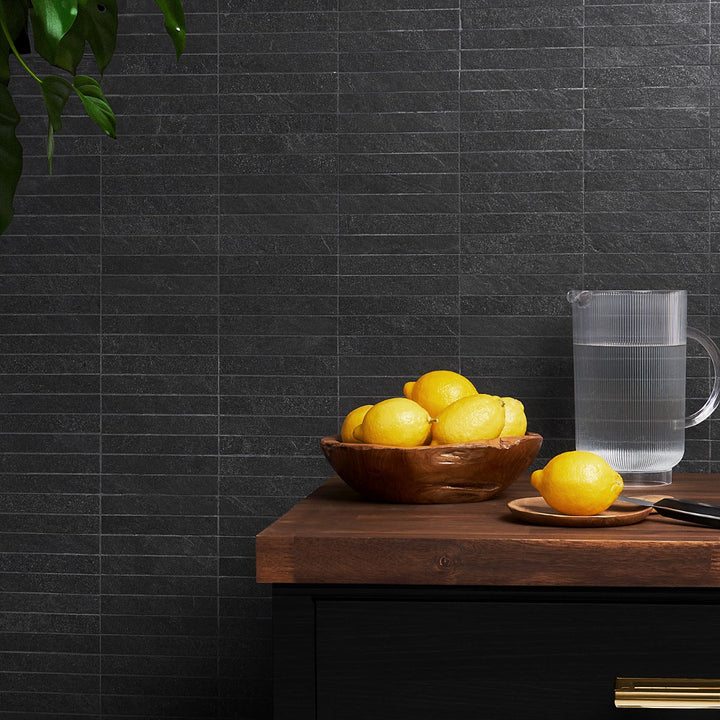 Era Charcoal Black 1x6 Stacked Matte Porcelain Mosaic Tile - Durable Limestone Look