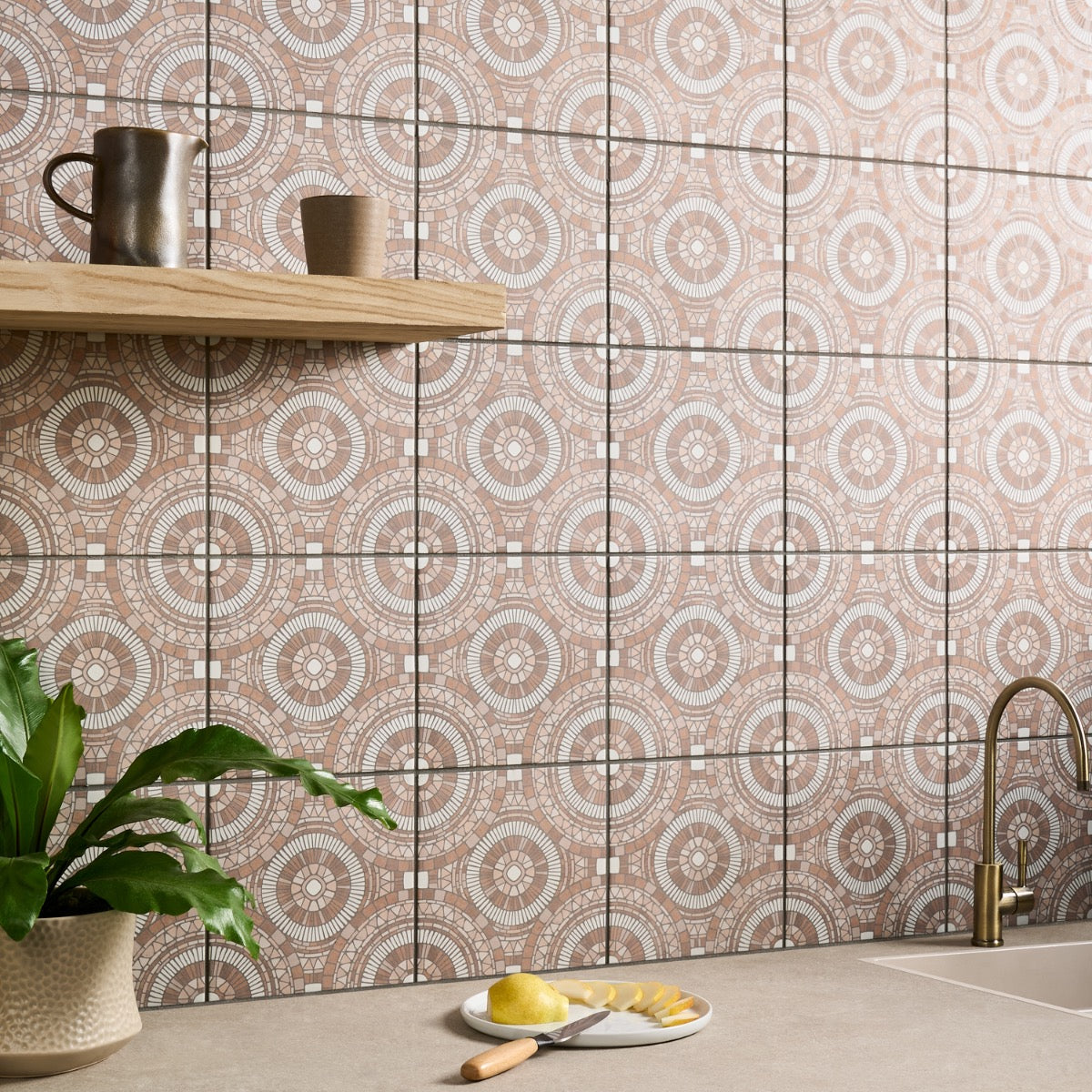Basilico Terracotta Matte Porcelain Tile - 8x8 Art Nouveau Design