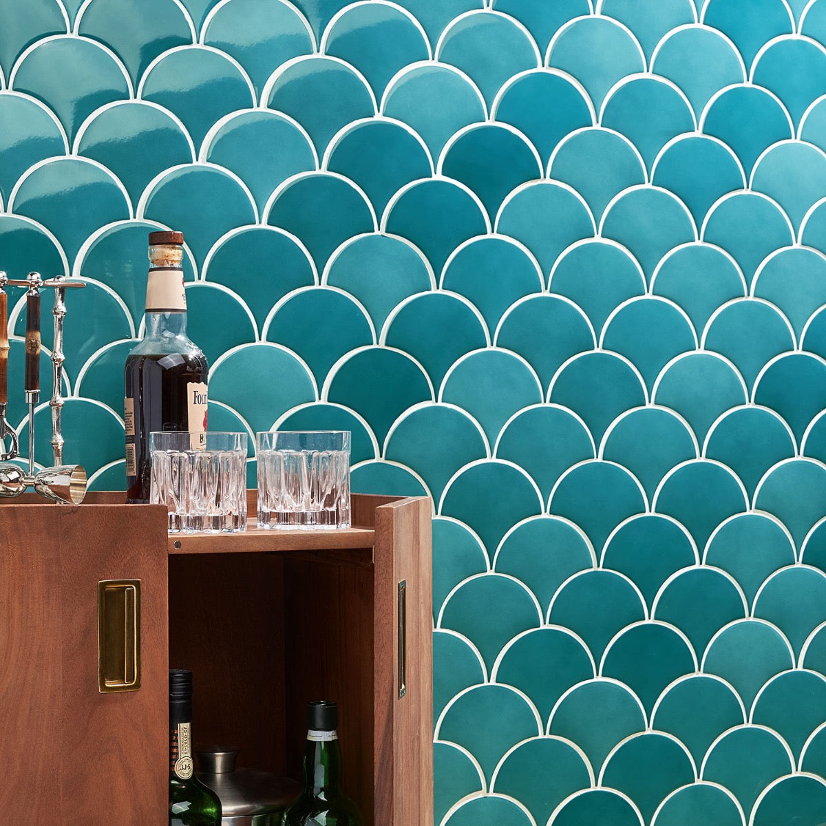 Highwater Teal 5" Fish Scale Polished Ceramic Wall Tile