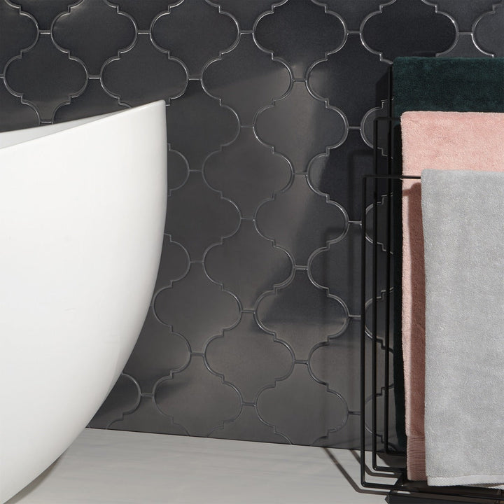 Zeal Gunmetal Gray Arabesque Polished Porcelain Tile - Lux Tile