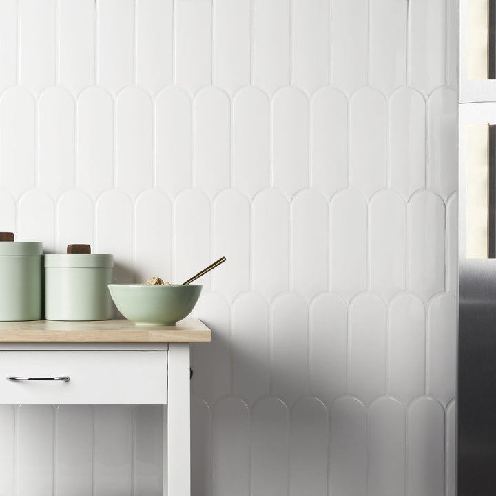 Parry White 3x8 Fishscale Glossy Ceramic Wall Tile - Tilebar