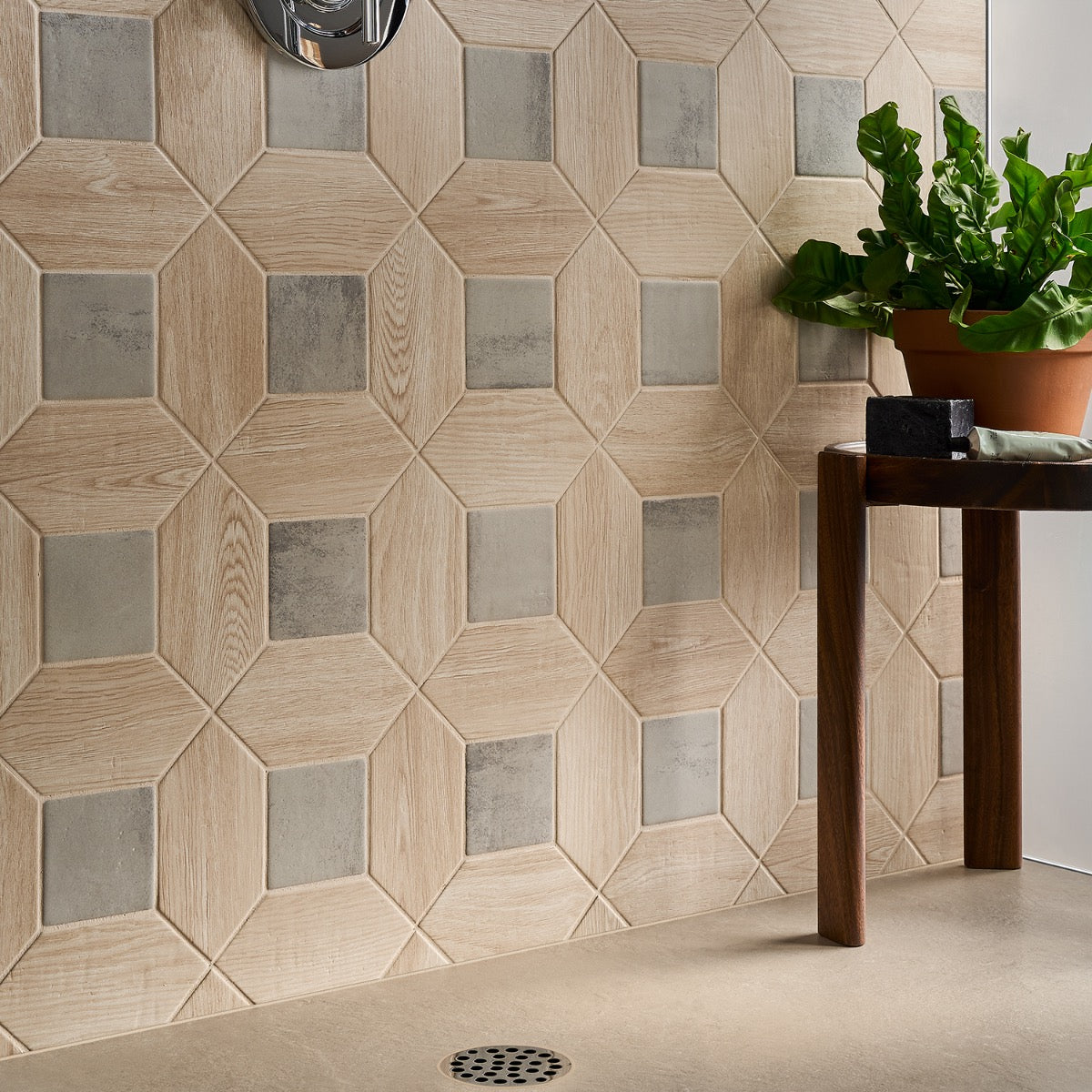 Morocco Oak Beige and Dove Gray Porcelain Tile - Square and Picket Shapes