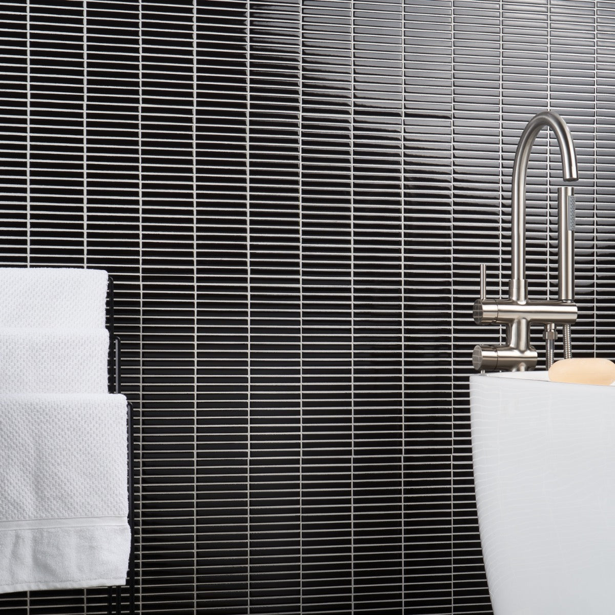 Kai Black Glossy Porcelain Mosaic Tile - 1x4" Tri-Stacked