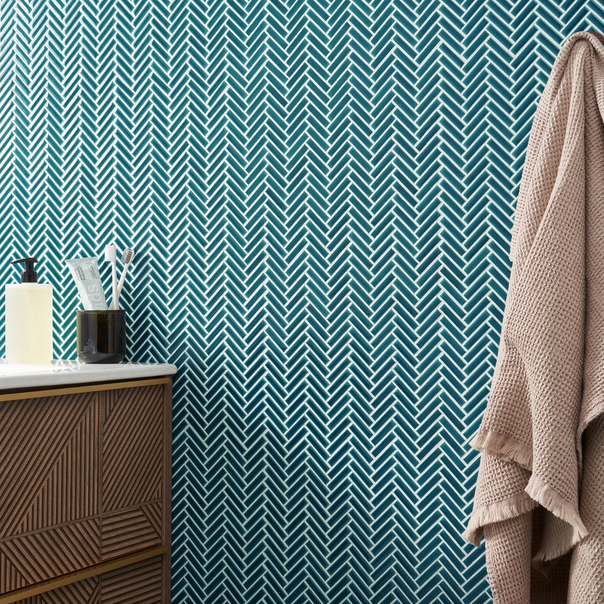 Kai Teal Herringbone Crackled Glossy Porcelain Mosaic Tile - Lux Tile